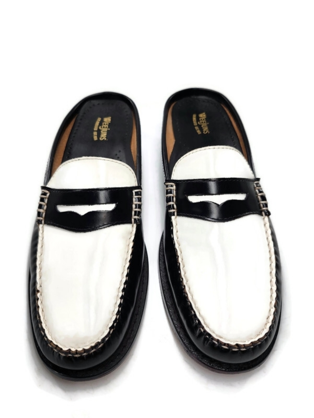 G.H. Bass Weejuns Wynn Black & White Leather Handsewn Slip-On Penny Loafer Mules - Picture 4 of 13